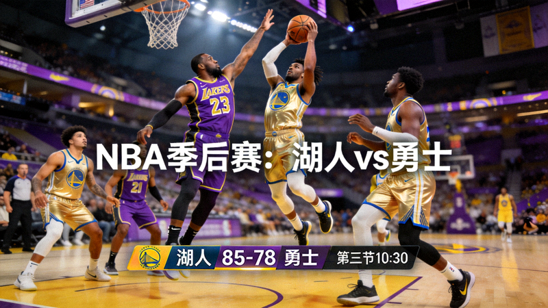 NBA季后赛焦点战直播画面 - 洛杉矶湖人队对阵金州勇士队，球员激烈对抗瞬间